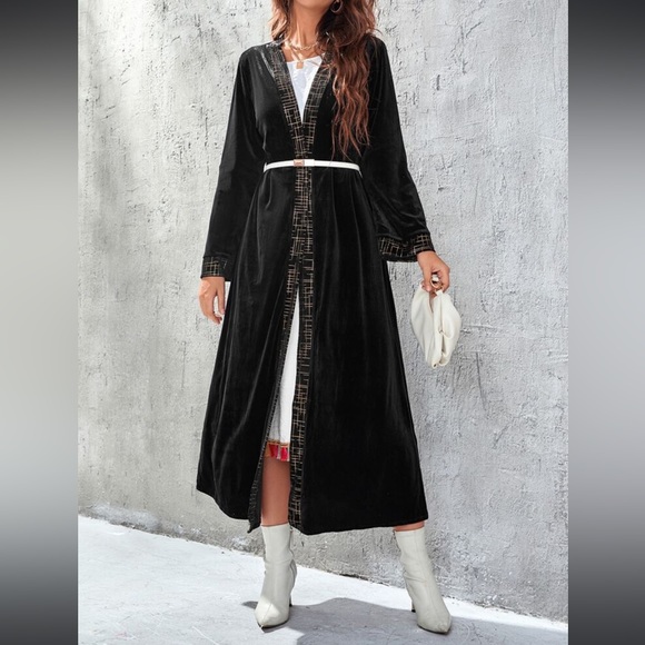 SHEIN Najma Geo Trim Open Front Black Velvet Abaya Maxi Cardigan Without Belt - Picture 3 of 6